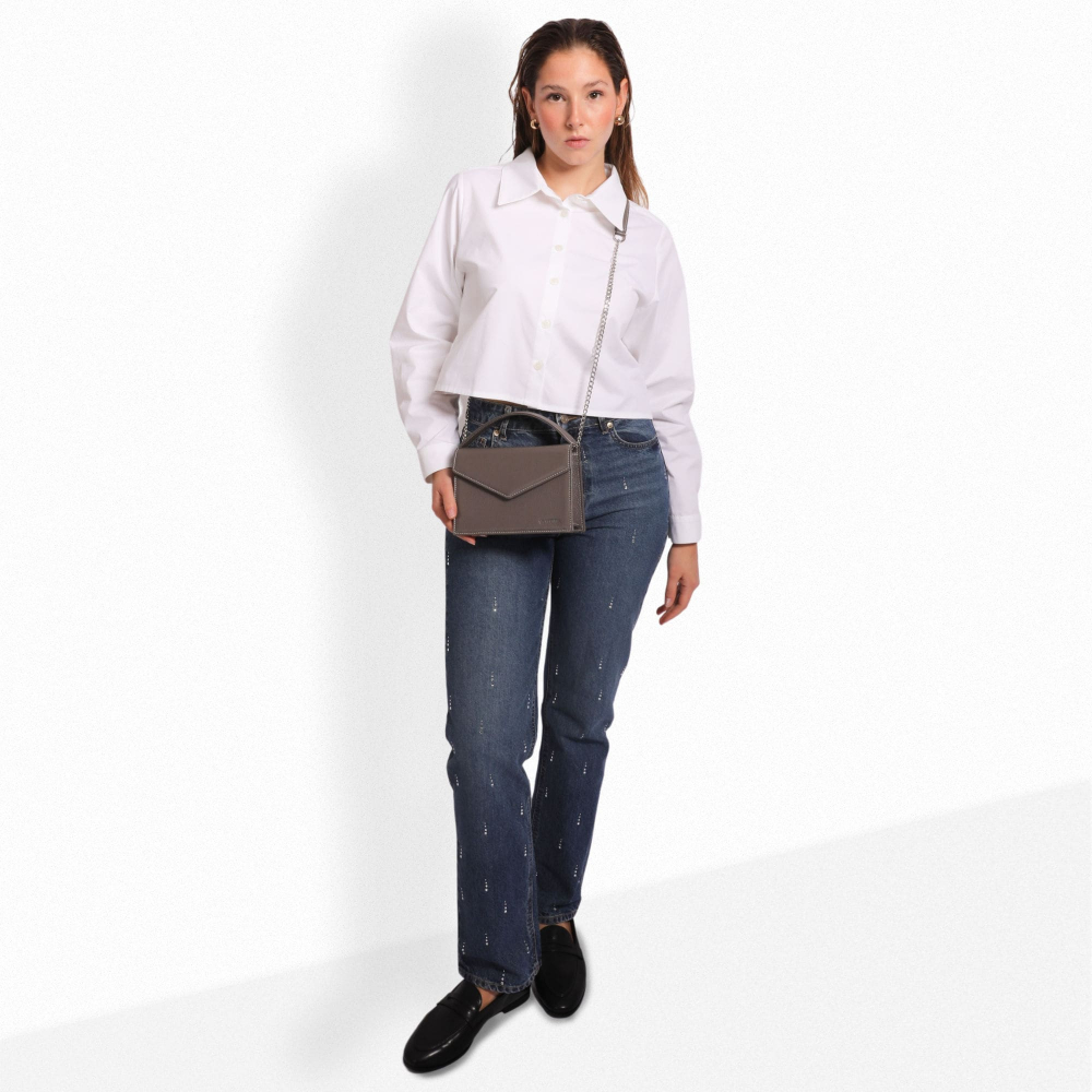 Small Handle Bag with shoulder strap made of grained calfskin gray